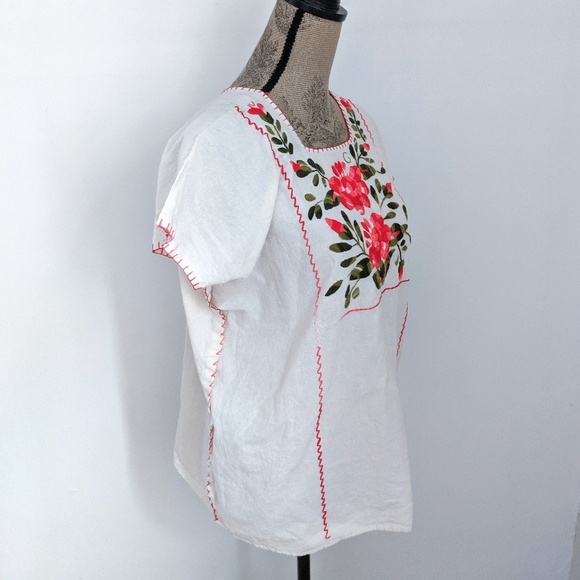 Floral Embroidered Boho Style Short Sleeve White Shirt - Picture 4 of 9